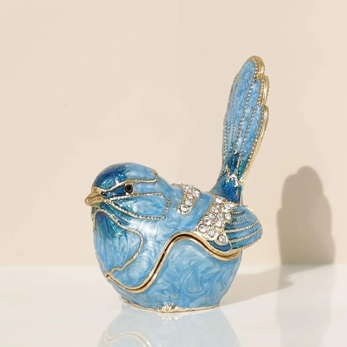 Exquisite Hand-Painted Enamel Blue Bird Trinket Box Hinged Rhinestone-Adorned Mini Jewelry Organizer for Rings & Necklaces, Ideal Classical Home Decor & Collectible Keepsake (Trinket Box-B)