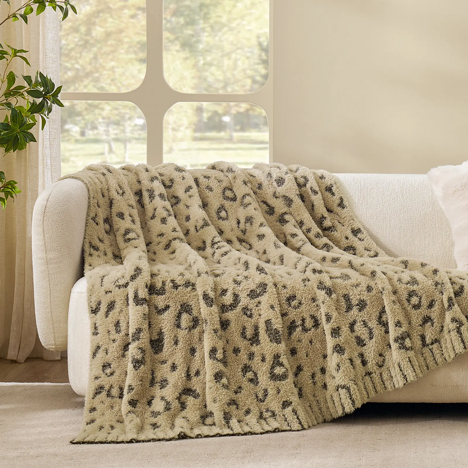 Snuggle Sac Fall Checkered Throw Blanket Faux Fur Microfiber Blankets for Couch, Leopard Blanket, Cozy Soft Warm Blanket for Sofa Bedroom Living Room,Beige Checker,50x60 inches