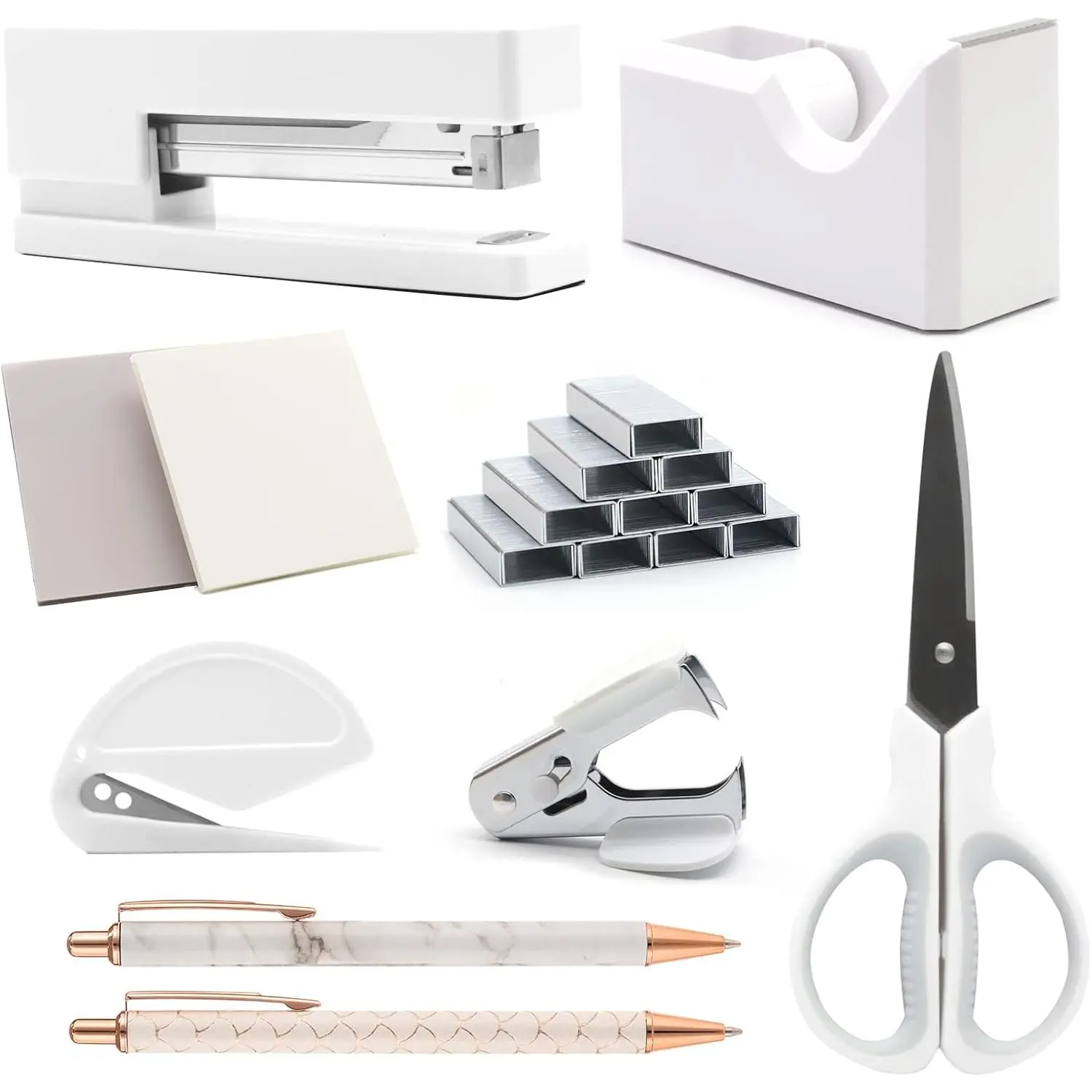 White Office Supplies Set,Desk Accessories Stapler and Tape Dispenser 10 count | Office Supplies for Women Students, Stapler and Tape Dispenser Set,Sturdy and Durable;Wide Application for Office,Classroom