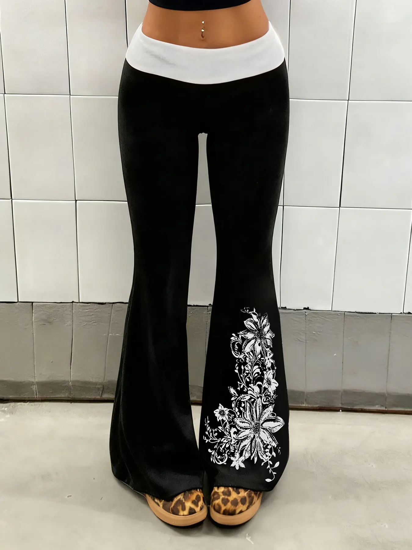 Colorblock Print Drop Waist Knit Fabric Pants, Vintage Casual Fitted Long Trousers, Versatile Floral Plant Pattern, Women's Fashion, Womenswear, Bottoms, Piece, Casual Comfy Pants, Casual Style Bottoms