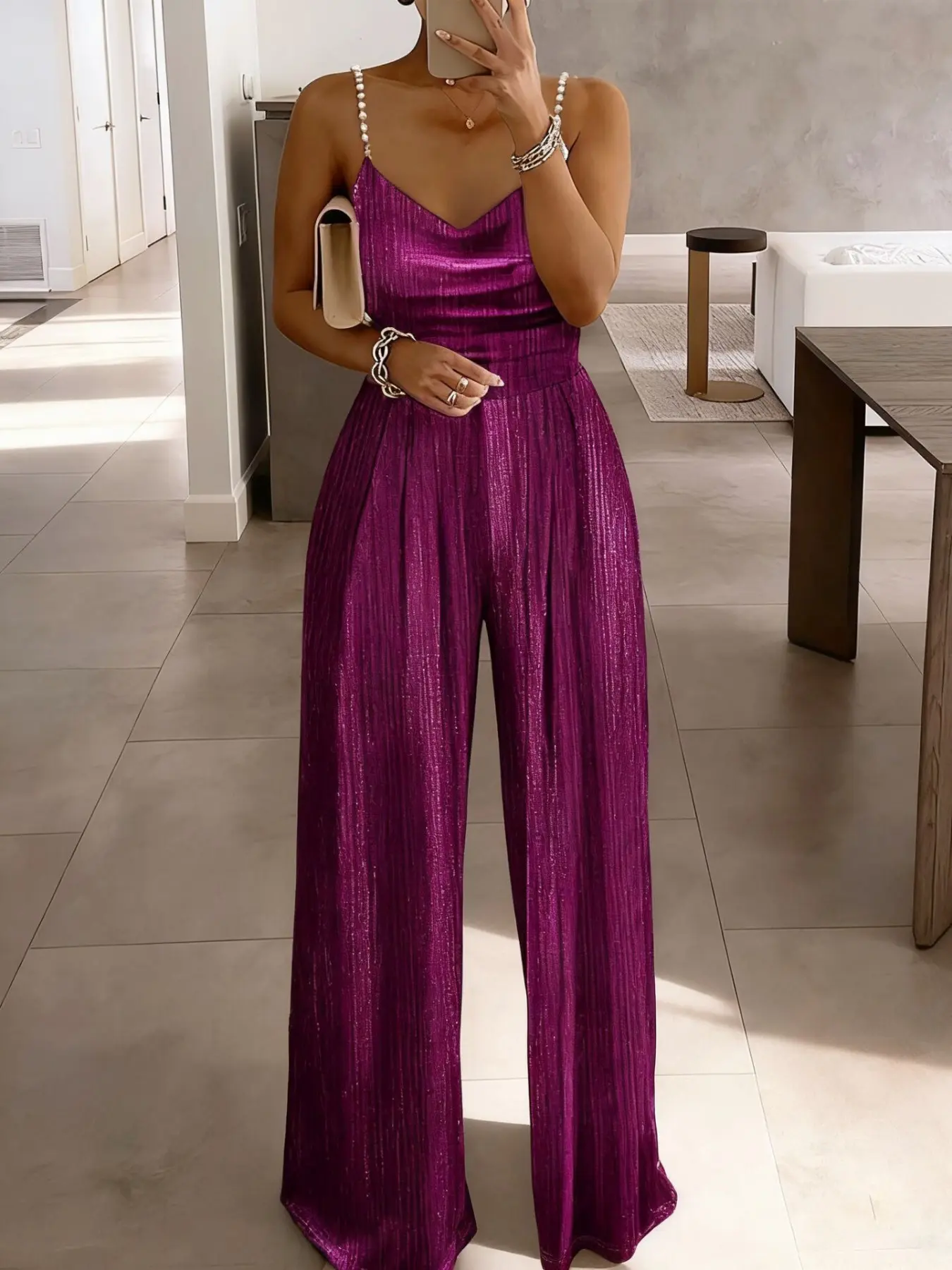 Spring Summer New Cross-Border European Women's Fashion Wish Wide-Leg Pants Waist Cinching Dress Elegant Feminine Spaghetti Strap Beaded Jumpsuit