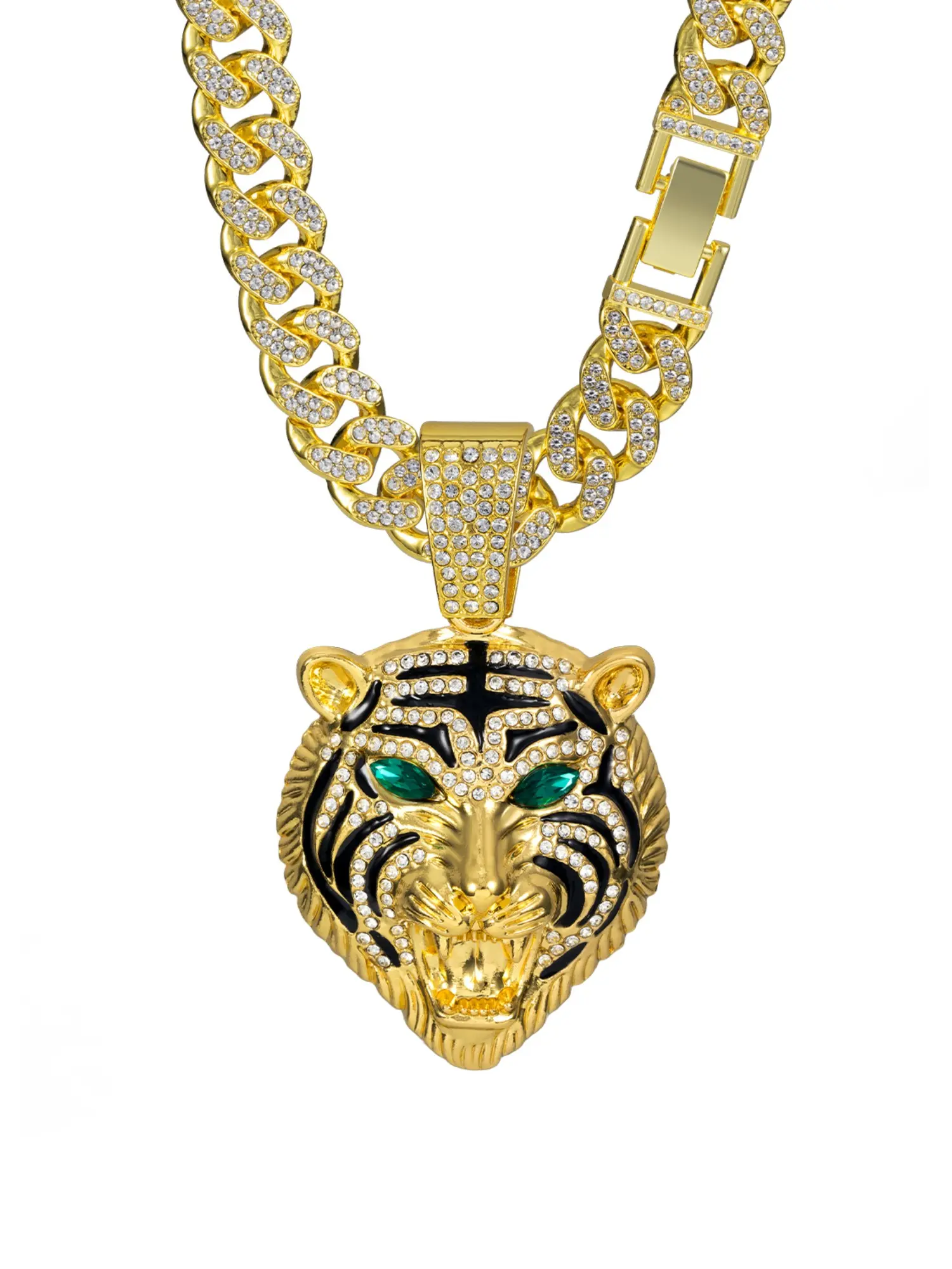 Men's Hip Hop Tiger Head Pendant Necklace, Cuban Chain, Zircon, Streetwear Jewelry, Trendy Accessory