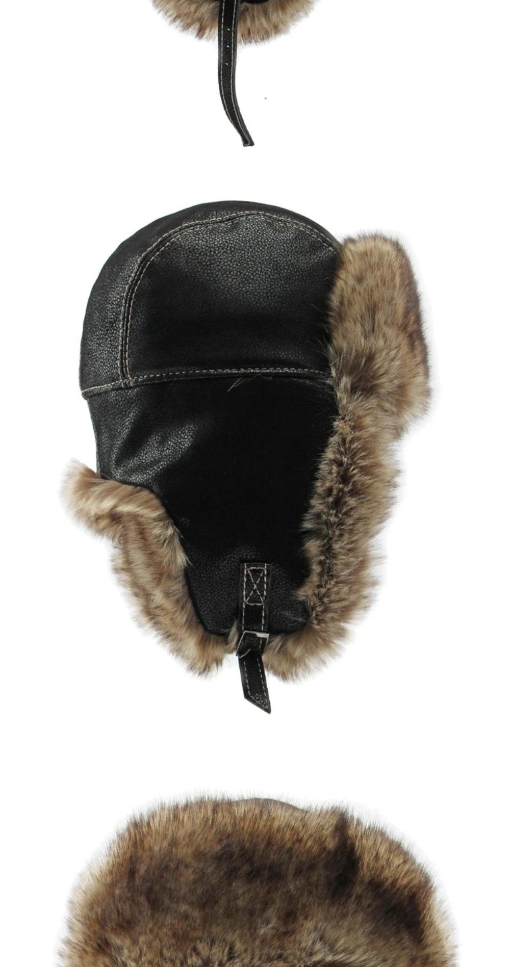 HT4241 Bomber Hat New Thick Warm Men Women Russian Fur Hat Male Windproof PU Leather Ski Trapper Earflap Cap Winter Hat Ushanka
