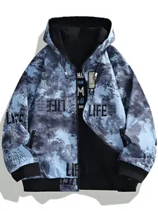 Men's Reversible Hooded Jacket, Double Sides Hoodie, Tie-Dye Letter Print Loose-Fit Casual Streetwear Coat, New Style Men's Fashion Outerwear for Daily Wear