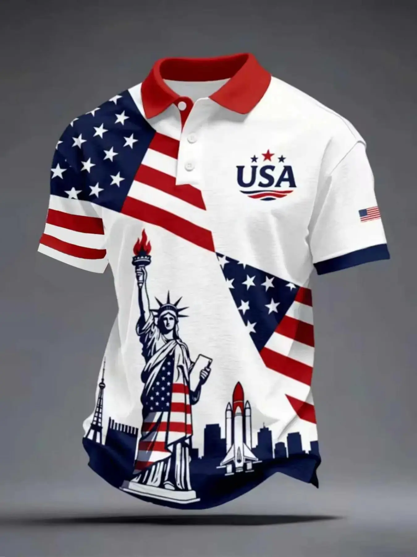 Men's Short Sleeve Polo Shirt, Statue of Liberty Usa Flag Print, Vintage Collar, Breathable Summer Polo Casual Top, All Seasons Wear, Patriotic Polo Shirt