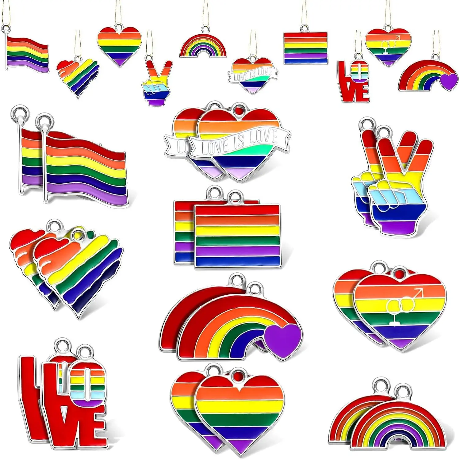 20 Pcs Pride Charms, Pride Style Ornaments, Assorted Heart Rainbow Charms Metal Hanging Set for Lesbian Gay LGBT, Love is Love Theme Party Celebrations Accessories Decorations, 10 Styles
