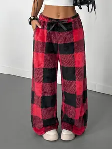 4 Patterns Available(Leopard/Brown Plaid/Red Black Plaid/Black White Plaid) Thick Sherpa Wide Leg Floor Pants, Black Drawstring Elastic Waist + Side Pockets, High Waist Loose Drape Fit, Super Soft Warm Fleece Fabric, Vintage Y2K Casual Style, Multi-Occasi