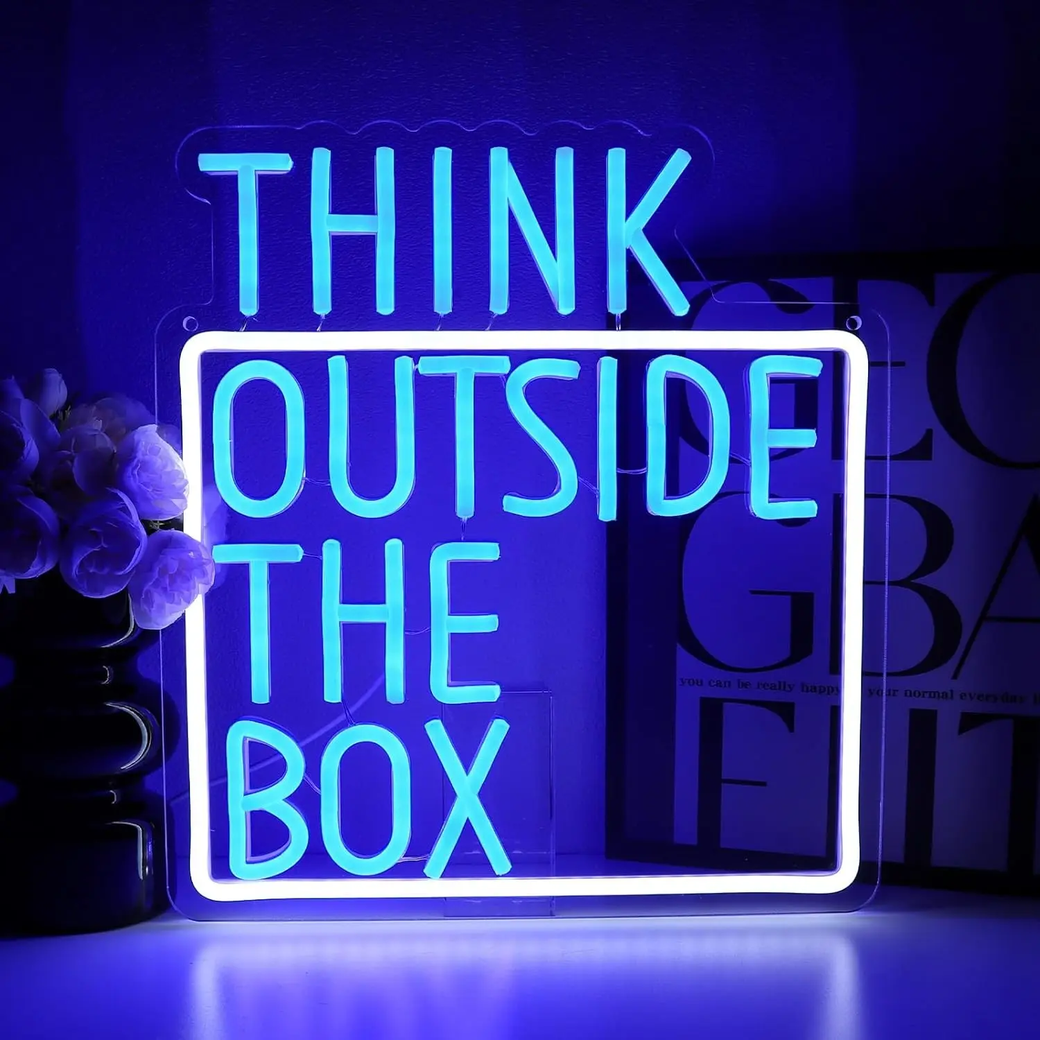 Think Outside the Box Neon Light, Wall Mounted LED Sign, USB Dimmable, Ideal for Classroom, Home Club, Bedroom, Office Decor