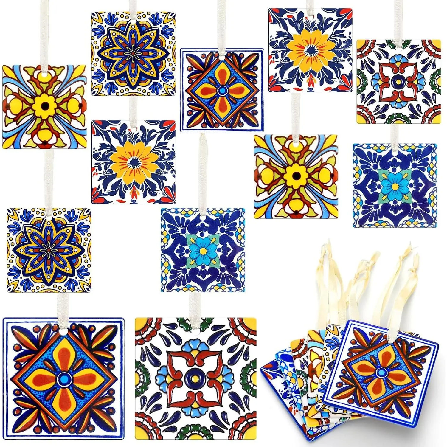 12 count Talavera Mexican Tile Christmas Ornaments Colorful |  Decor with Loops,  Patterns for Holiday Tree, Mexican Themed Party Decoration,   Ornament Set