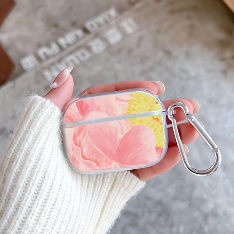 Pink Peony Dream Pattern TPU Soft Protective Case for Apple AirPods 4/3/2/1/Pro/Pro2 Transparent Earphone Cover with Keychain Attachment