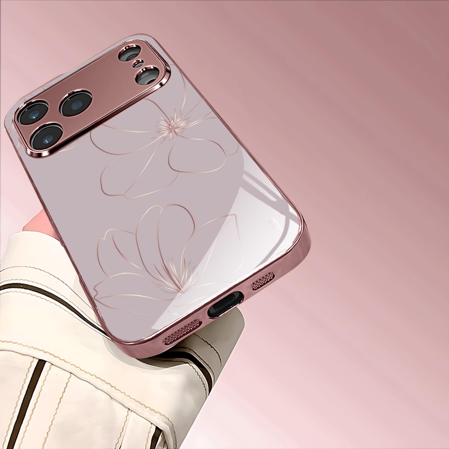 Flower Rose Gold/Plated Pink Phone Case Cover for iPhone 17/16/15/14/13/12/11/X/XR/XS MAX Pro Air Pro Max Plus Mini Couple Style, Cute, Fashionable, Christmas, Tempered Glass Protective Case, Phone Protection, Modern Phone Case, UV Printed Design, Accesso
