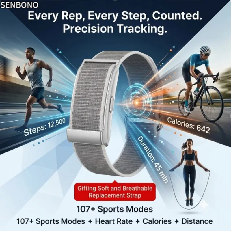 SENBONO Unisex Smart Health Band, Sleep & Fitness Tracker, Bluetooth-compatible Sync, Waterproof, Long Battery Life, Ideal Gift