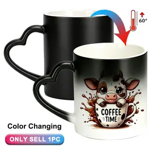 Highland Cow Coffee Time - Color Changing Ceramic Mug - Hot/Cold Thermochromic Design, Heart-Shaped Reusable Coffee Cup, Birthdays - Perfect Gift for Valentine's Day, Easter, Mother's Day, Coffee Mugs