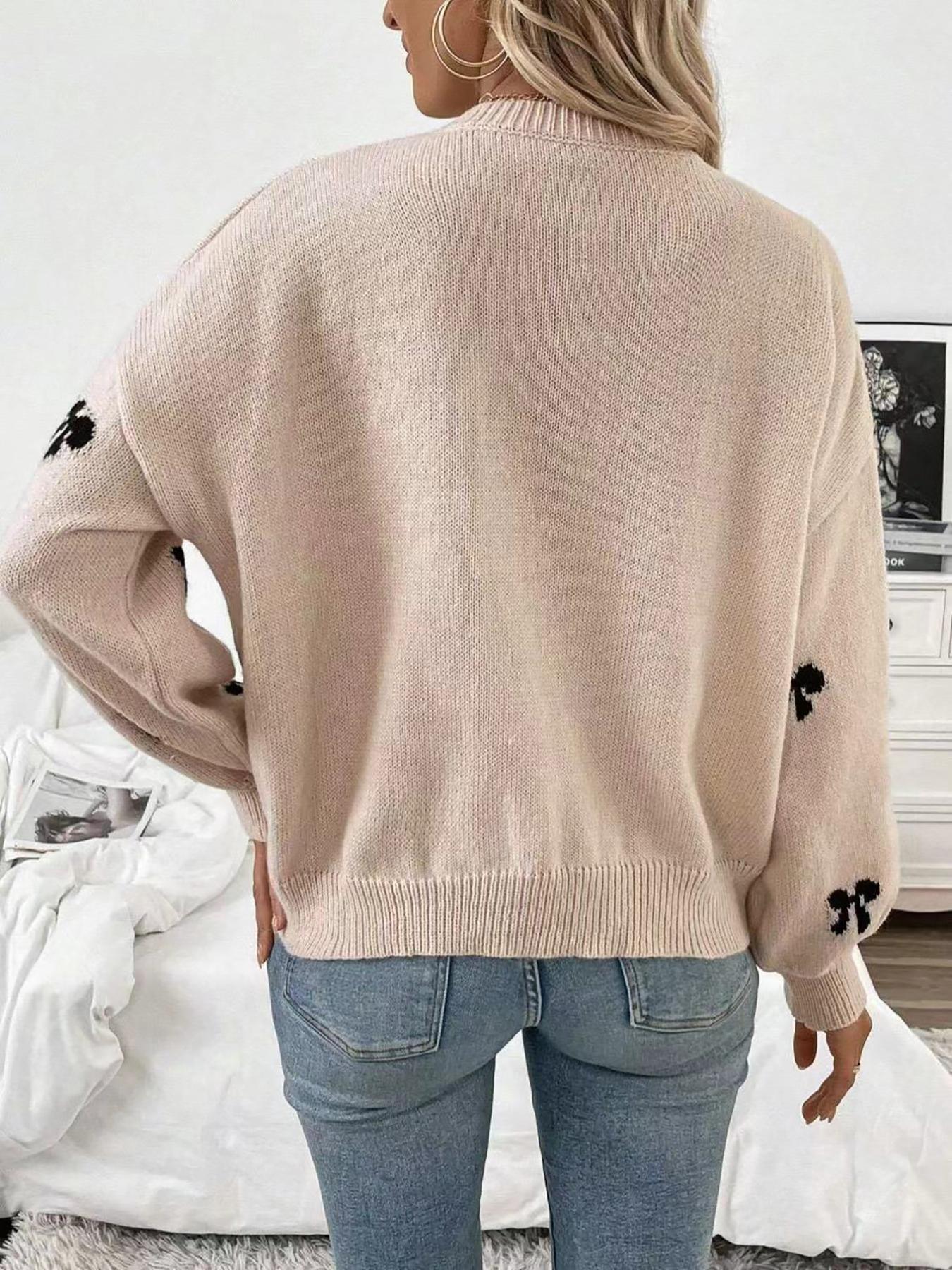 Elegant Bow Pattern Knit Pullover Sweater, Fitted Chic Long Sleeve Round Neck Casual Top for Fall & Winter, Women's Fashion Daily Wear
