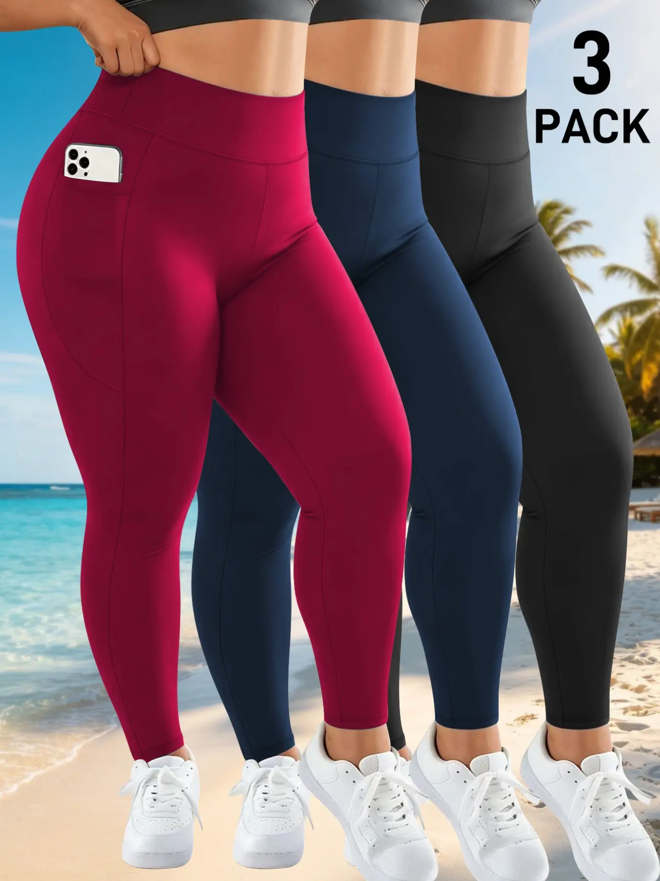 Three-Pack Plus Size High-Waist Moon Pocket Leggings, Tummy Control Butt Lift Stretchy Multi-Color Basics, Yoga Fitness Commute Daily Active Wear Pants