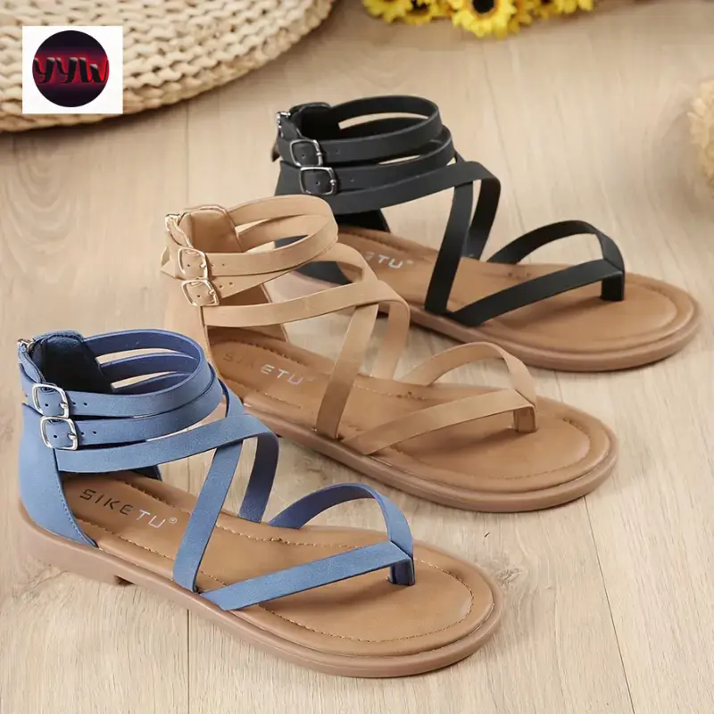 YYW1 Women's Casual Strappy Flat Sandals with Back Zipper, Solid Color, Open Toe, Ankle Strap, All-Season, Non-TPR Sole, Comfortable Man-Made Materials - Fashionable Roman Style Flats