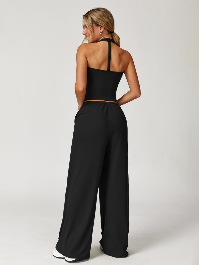 Women's Solid Halter Neck Top & Wide Leg Pants Sports Set, Casual Sleeveless Top & Pants for Daily Outdoor Wear, Ladies Sportswear for Tennis Running, Workout Clothes, Sporty Style Outfits