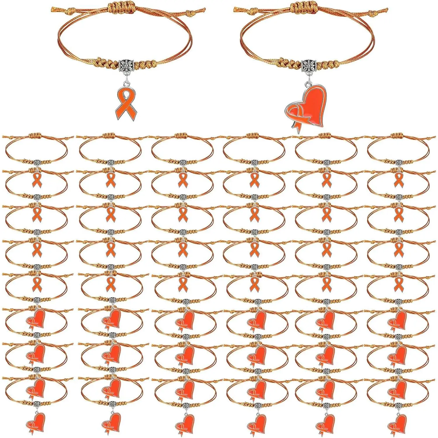 12/24/48 Pcs Leukemia Awareness Bracelets Bulk Adjustable Orange Ribbon Bracelets Leukemia Lymphoma Cerebral Cancer Awareness Support Bracelet Gifts for Women Man Cancer Survivor