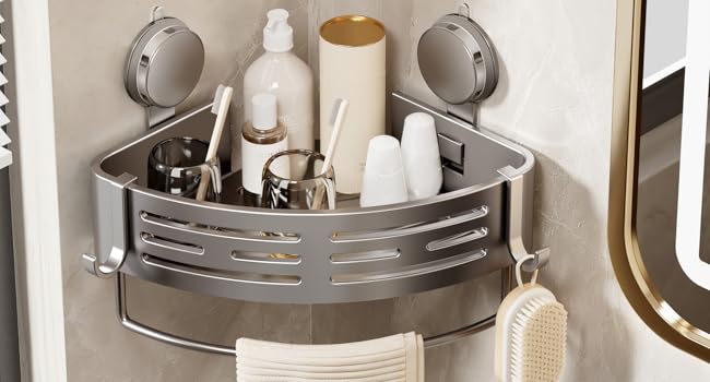 Corner Shower Caddy Suction Cup Shower Shelf Corner No Drilling Bathroom Shower Organizer Storage Rack Adhesive with Towel Bar Hooks (,Matte Gray) : Home & Kitchen