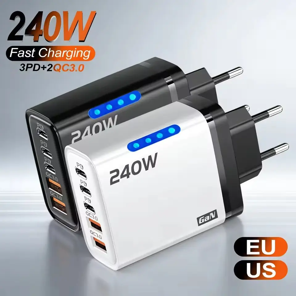 240W 5-in-1 GaN Desktop Charger - Portable Mobile 3PD 2USB Adapter with 10A USB-to-Type-C Cable for Cellphone (iPhone17, 16Pro), Android Laptop (Samsung), Socket-Compatible USBC Charger Device Car Multi-Phone Retractable port dual foot jumper