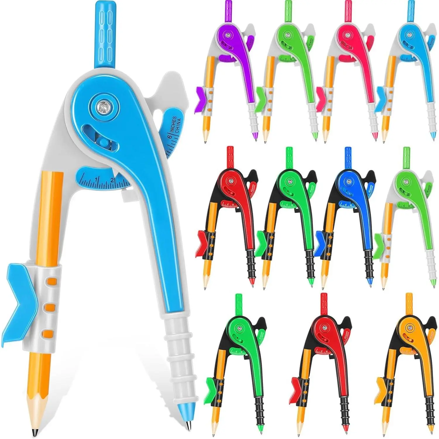 Student Math Geometry Compass Bulk 6 Inch Plastic Drawing Compass with Pencils Bright Color Precision Tool Back to School Supplies(12 Pcs)