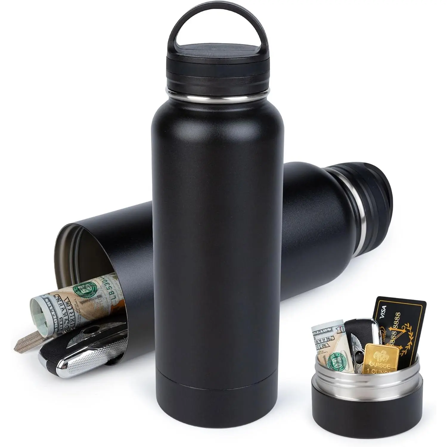 BarGifts 24oz Hidden Safe Water Bottle, Stainless Steel Secret Water Bottle with Hidden Compartment, Bottle Keeps Your Valuables Safe Like Money, Keys, and Jewelry- Black