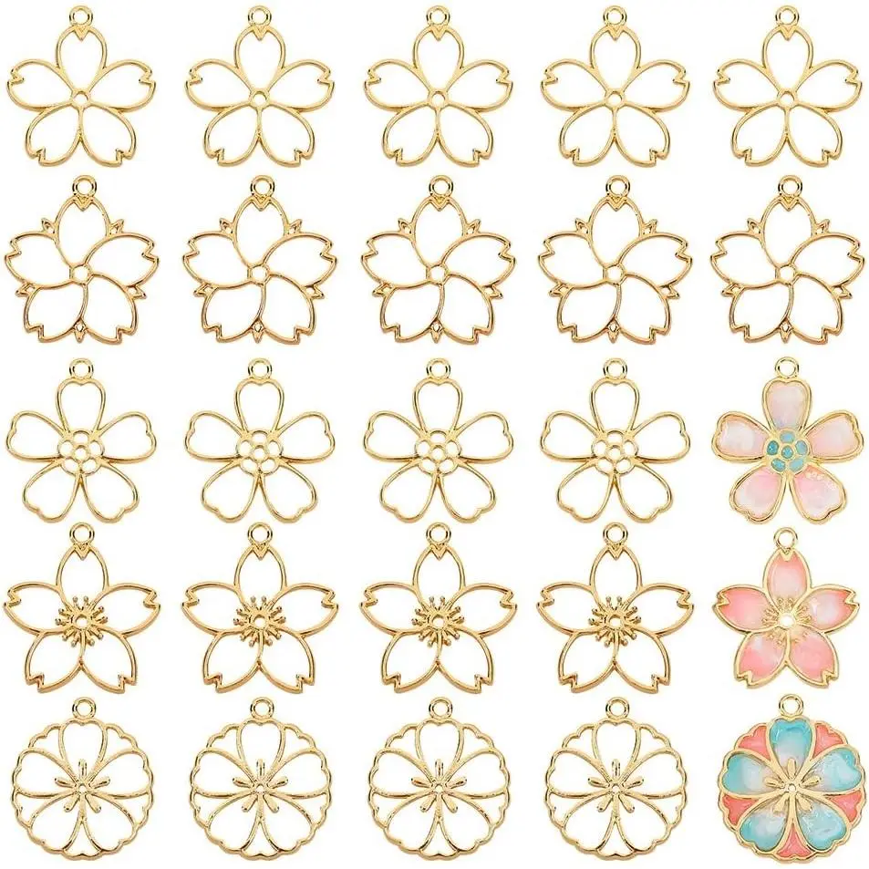 30pcs Blossom Open Bezel Pendants Flower Charms 5-Shape Hollow Frame Dangle Charms Making Kits for DIY UV Resin or Pressed Flower Jewelry Making