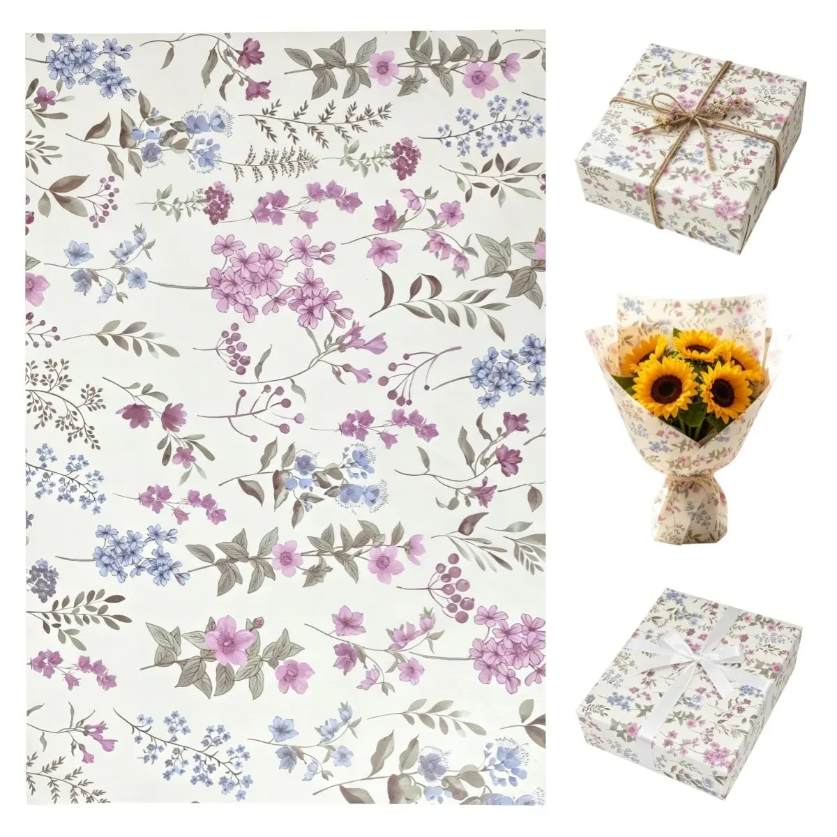Purple Floral Tissue Paper 50x35cm (19.68x13.78 Inches), 15 Sheets & 60 Sheets Optional, Vintage Lavender Pink Flower Decorative Gift Wrapping Tissue Paper, Gift Decoration, Use It to Embellish Your Gifts and Receive Lots of Compliments When Gifting