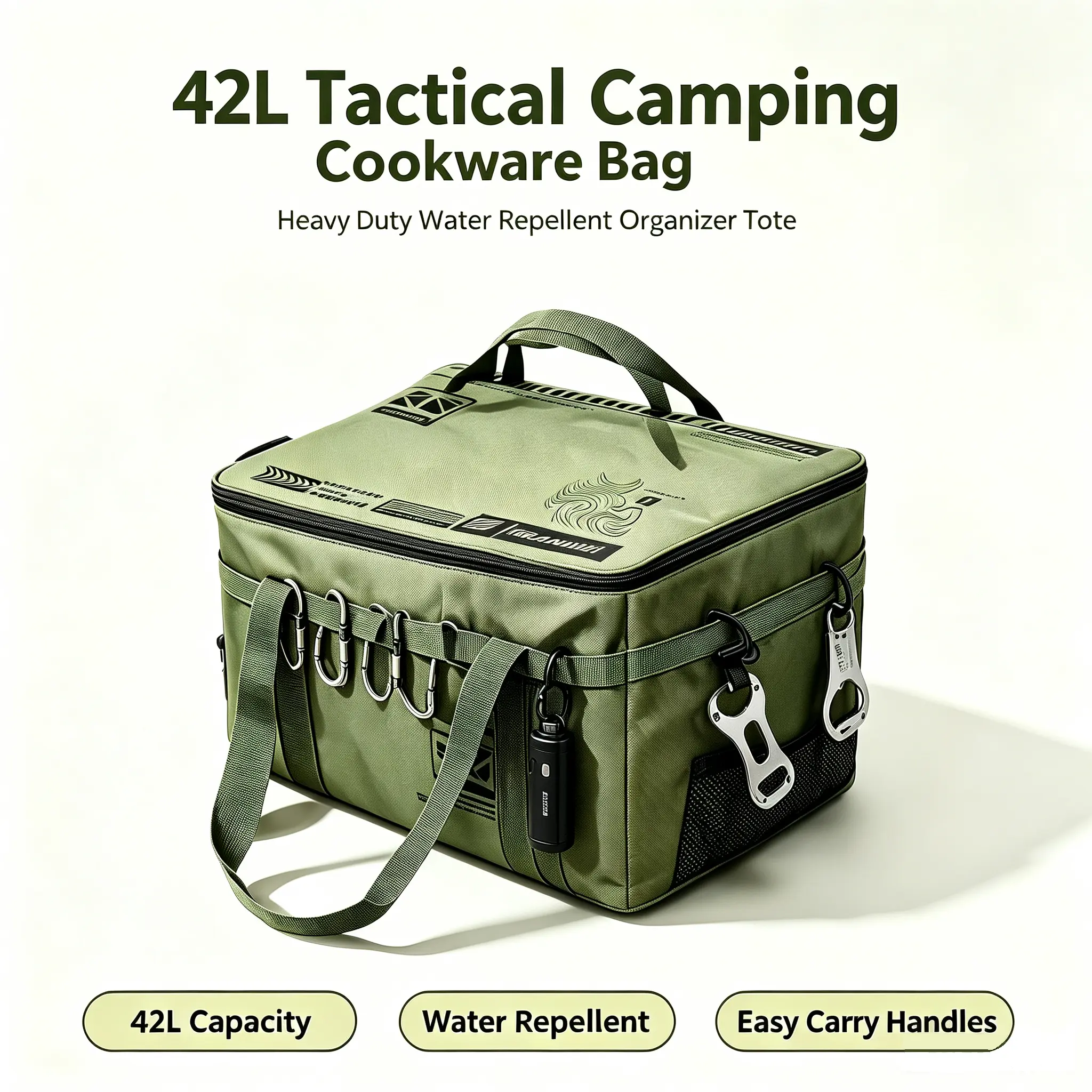 42L Tactical Camping Cookware Storage Bag, Water Repellent Oxford Organizer Tote with Adjustable Dividers, Side Mesh Pockets & D-Ring Hooks, Fits 34cm Large Pan, Portable Carry Bag for Picnic, RV, Hiking,  BBQ, Great Gift for Outdoor & Camping Lovers