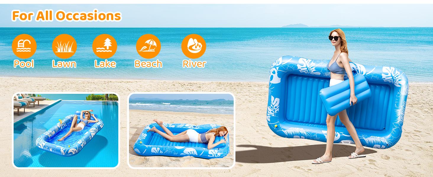 Inflatable Tanning Pool Lounger Float with Sprinkler, 77" x 48" Pool Floats Adult with Pillow, 6 in 1 Suntan Tub Raft Floatie with Drink Holder Sunbathing Water Lounge