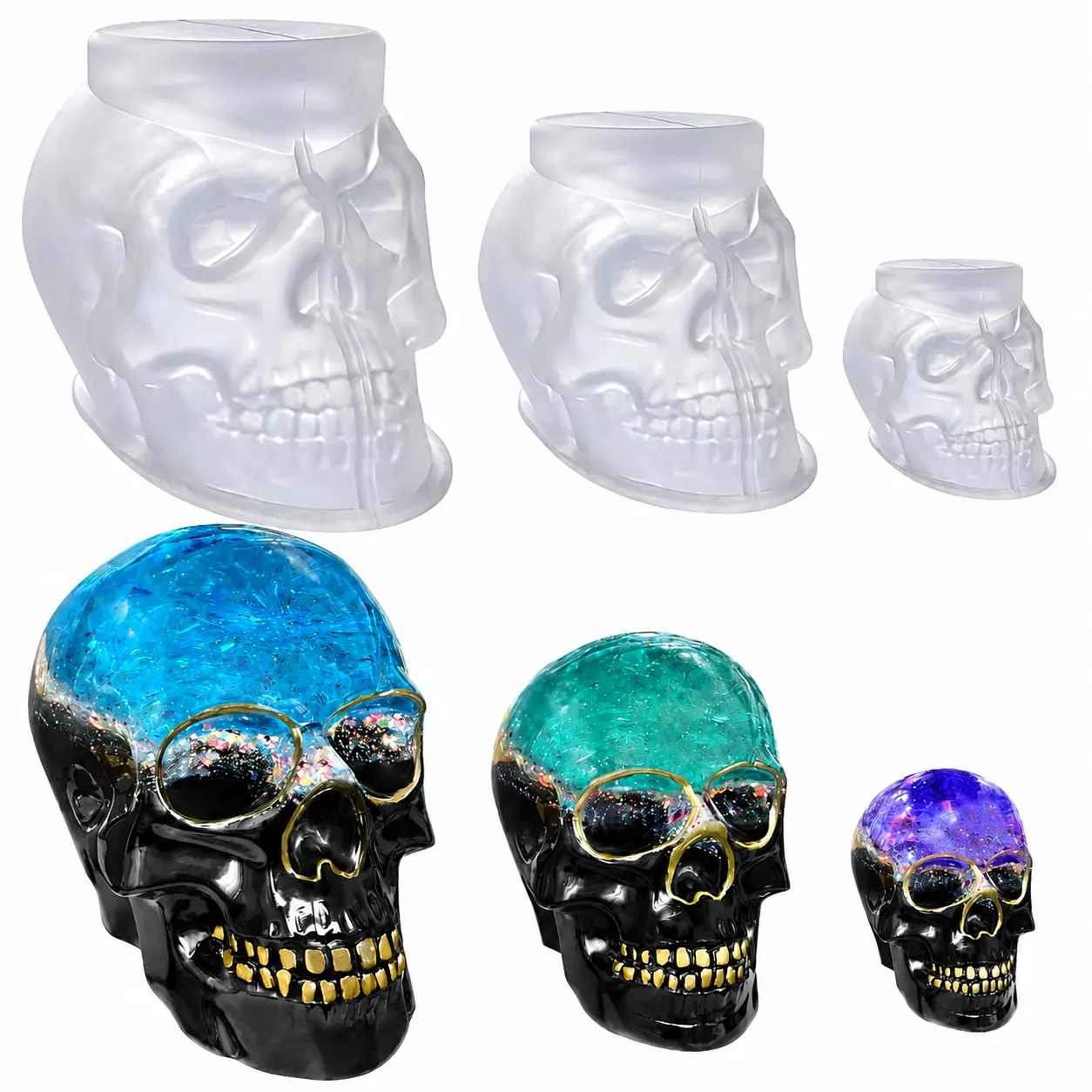 Premium Flexible Silicone Skull Molds Set – Includes Large, Medium, and Small 3D Resin Casting Molds for DIY Soap, Candle Wax, Polymer Clay, and Halloween Decor Crafting Projects