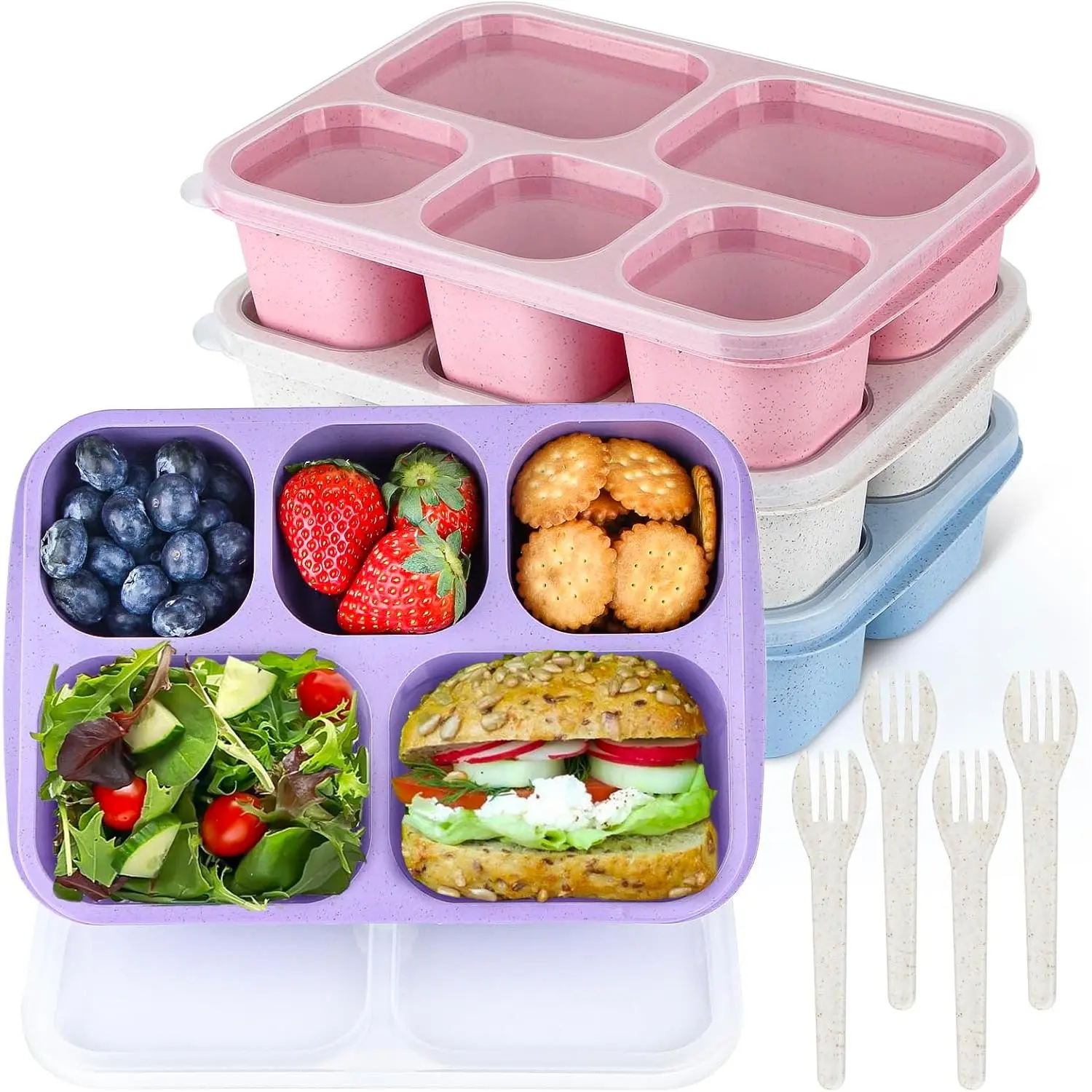 Bento Box Adult Lunch Box, 5 Compartment Snack Box for Adults 4 Pack,  Stackable Snack Containers for  Adults with Utensils, for School, Work, and Travel (Wheat)