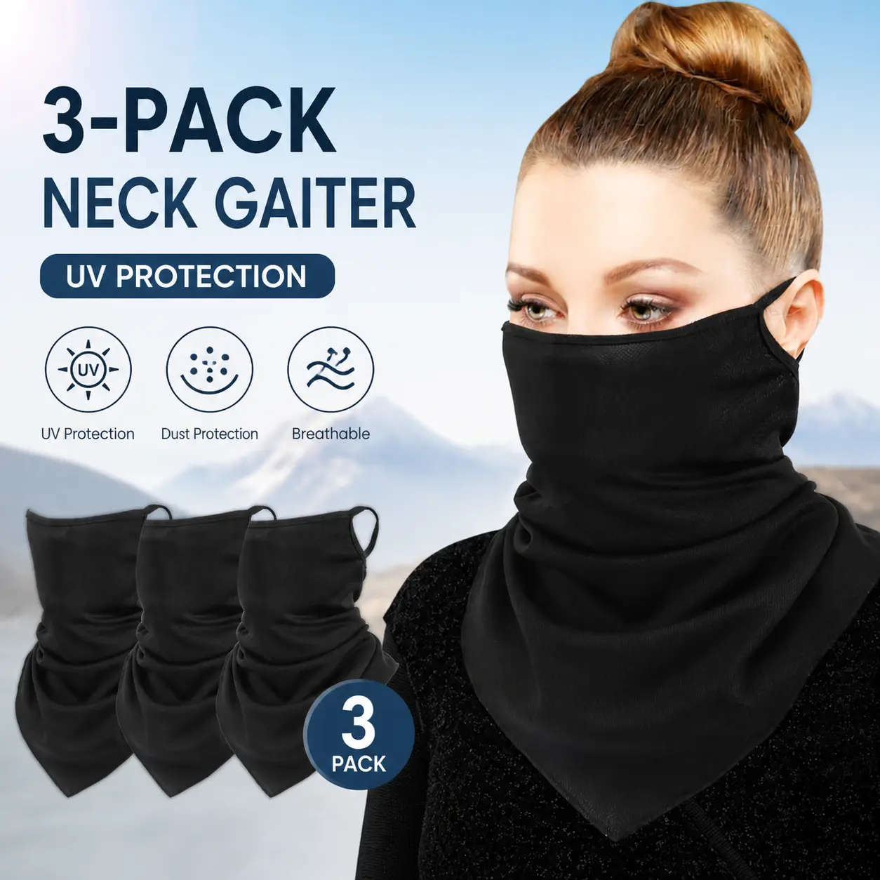 Maternity 3-Pack Scarf Mask Neck Gaiter with Ear Loops, Assorted Prints, UV-Protective, Dust-Resistant, All Seasons, Unisex One Size Scarf Bandana for Outdoor Use