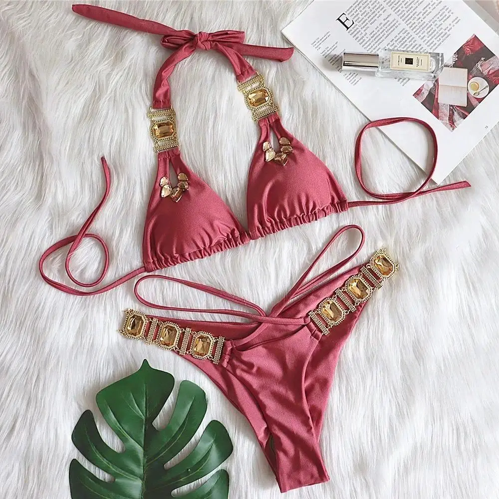 2026 Rhinestone Two 2 Piece Swimsuit Female Luxury Crystal Sexy Thong String Bikini Set Women Swimwear Beach Wear Bathing Suit