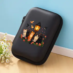 A beautiful and cute cat and lantern pattern storage box, essential for office and travel! EVA material earphone/data cable/charger storage box, compact design with mesh pockets, easy to organize charging cables