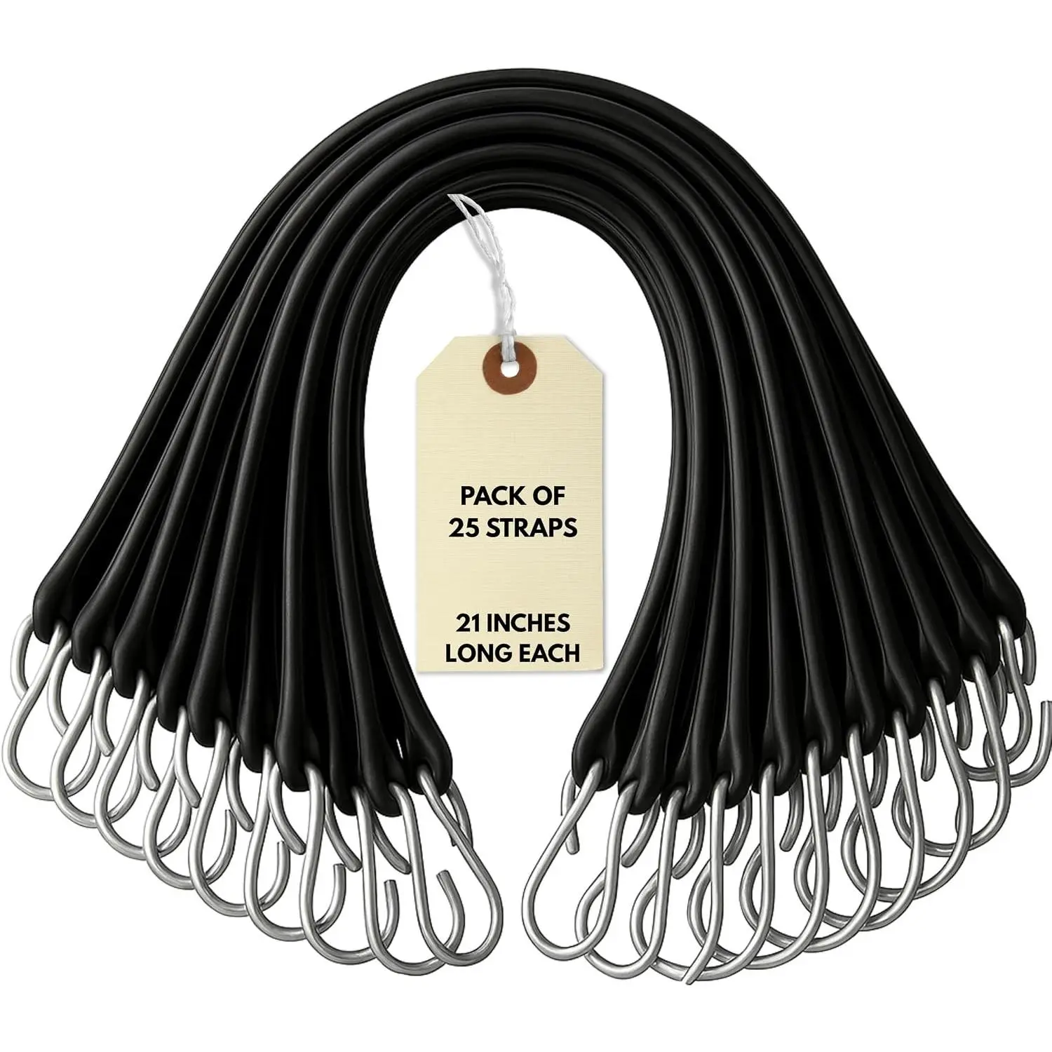 21? Rubber Bungee Cords with Hooks - 25 Pack Heavy Duty Rubber Tie Down Straps with Stainless Steel Hooks for Flatbed , Tarps, Gear, and Cargo