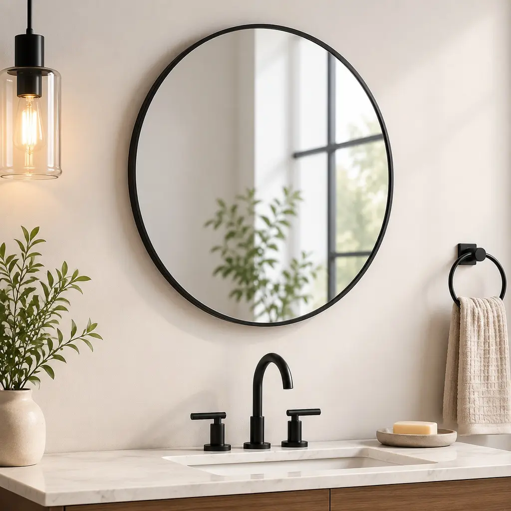 Black 16 Inch Round Metal Wall-Mounted Bathroom Vanity Mirror, Modern Circle Hanging Mirror for Bathroom, Powder Room, Bedroom, Living Room, Entryway, Matte Black Finish, 16" Diameter, Single Pack