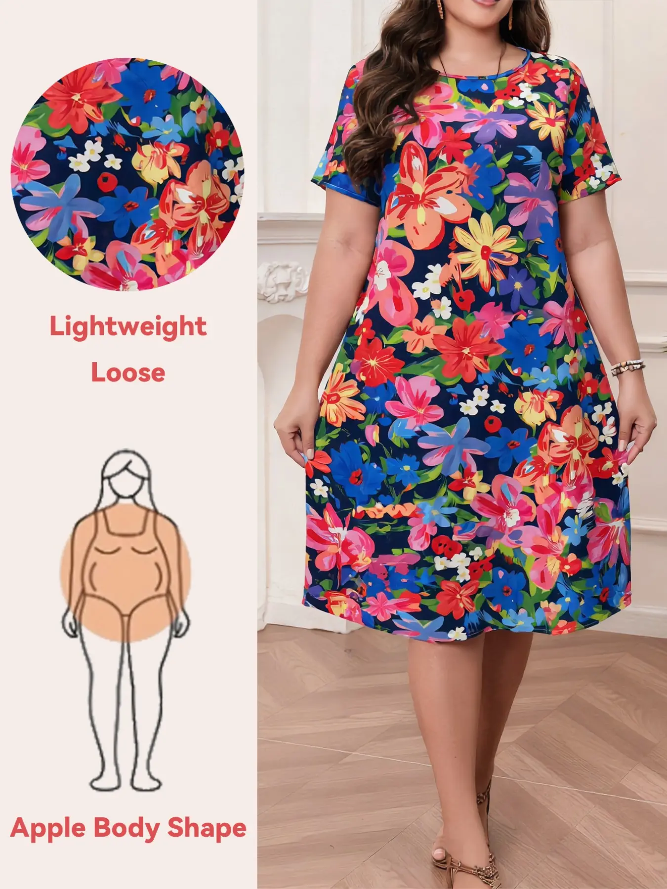 Plus Size Women's Floral Midi Dress, Round Neck Short Sleeve Loose Straight Dress, Colorful Large Flowers Knee-Length Casual Dress, Summer Beach Vacation Daily Wear
