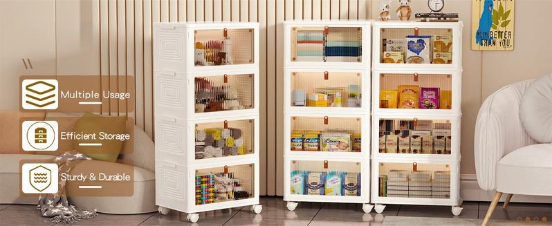 4-Tier Stackable Plastic Storage Bins Organizer, 93 Qt Total Capacity, Foldable Storage Boxes with Lids & Wheels, Translucent Front Door for Bedroom, Living Room, Office