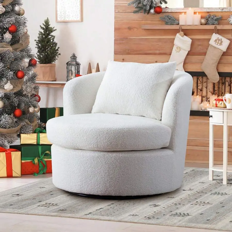 1pc Lamb Wool Fabric Upholstered 360-Degree Swivel Curved Ergonomic Tub Chair, Chic Designer Decorative Body-Friendly Easy & Comfortable Round Barrel Chair with Plump Pillow for Living Room, Bedroom, Chairs Curved Ergonomic Tub, Chic Tub Chairs