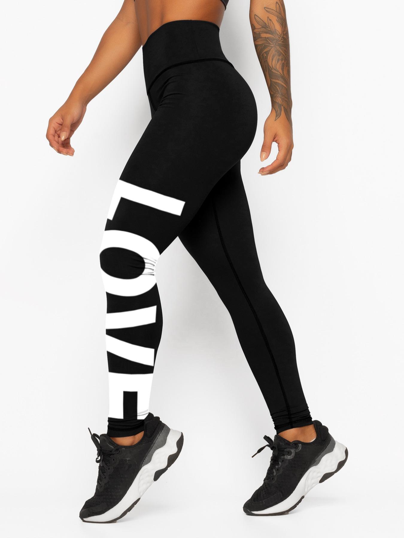 Women's Letter "LOVE" Print High Waist Sports Leggings, Sporty Comfy Skinny Pants, Summer Outfits 2024, Gym Clothes, Gym Fitness Leggings, Stretchy Workout Leggings, Ladies Sportswear, Tummy Control, Skinny Yoga Bottoms, High Waisted Leggings