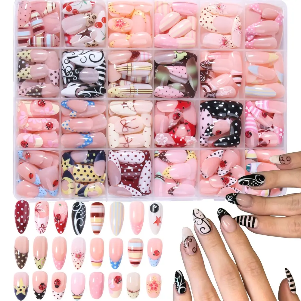 636pcs Multicolor French Almond Press-On Nails, Ladybug Polka Dot Stripe Design, Medium Size, Summer Manicure Essential