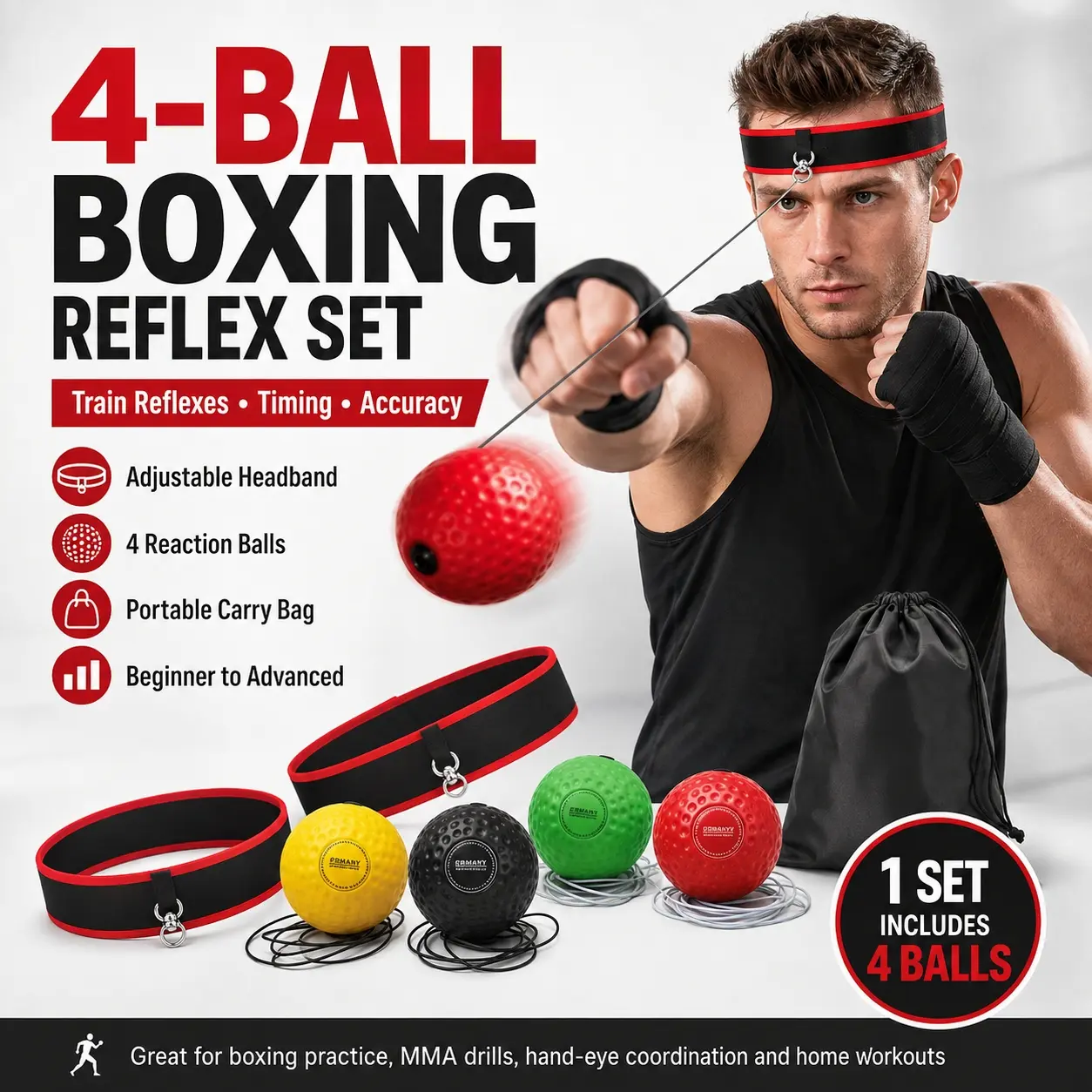 Boxing Reflex Ball Headband Set,4 Pack ReactionTraining Balls with Adjustable Head Strap and Elastic Cord, Portable Boxing Speed Trainer for Improving Reflexes,Timing,Accuracy and Hand EyeCoordination,Workout Equipment for Adults Beginners FitnessTraining