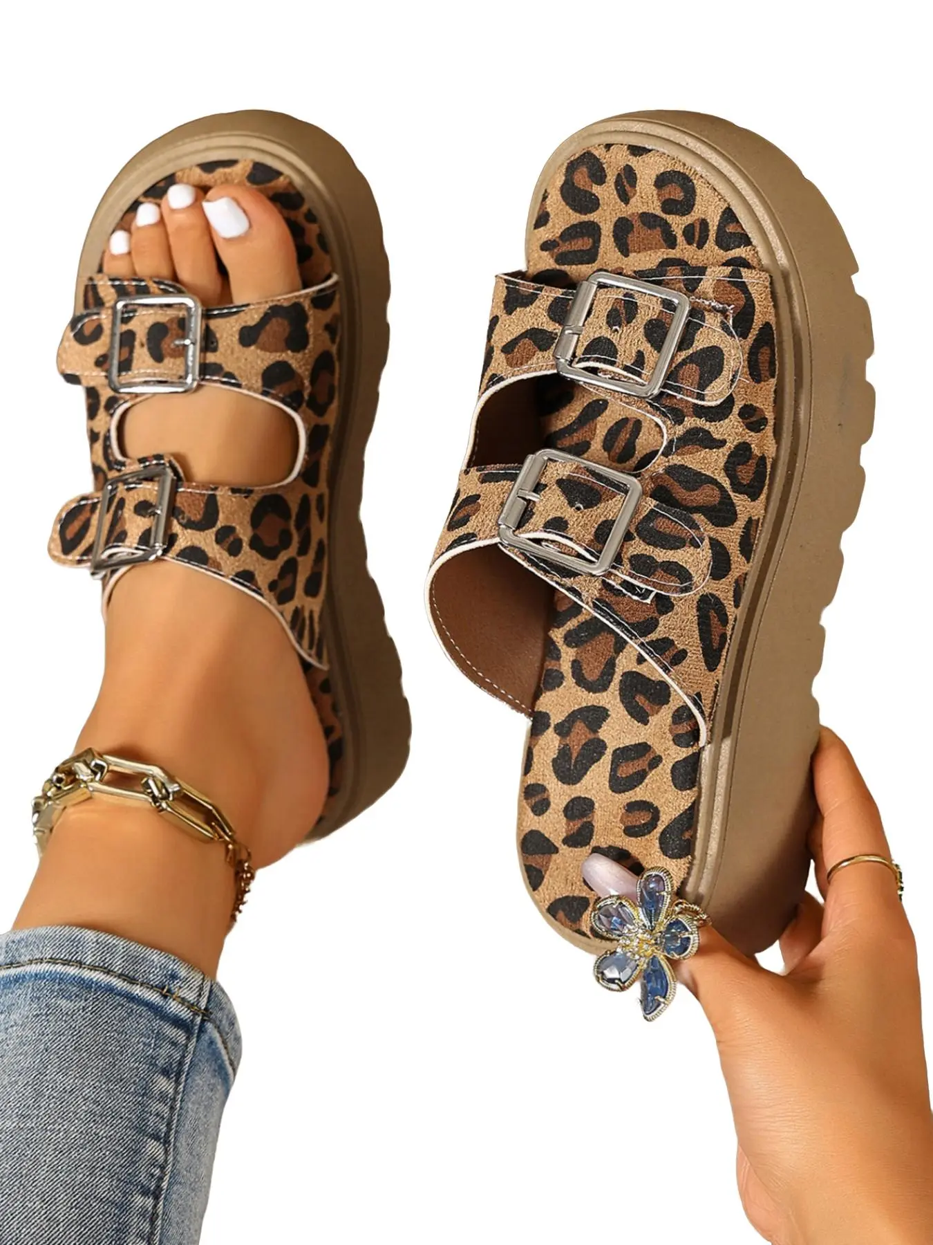 Vintage Leopard Print Dual Buckle Platform Sole Sandals, Adjustable Strap Outdoor Slippers, Trendy Shoes, Stylish Casual Sandals