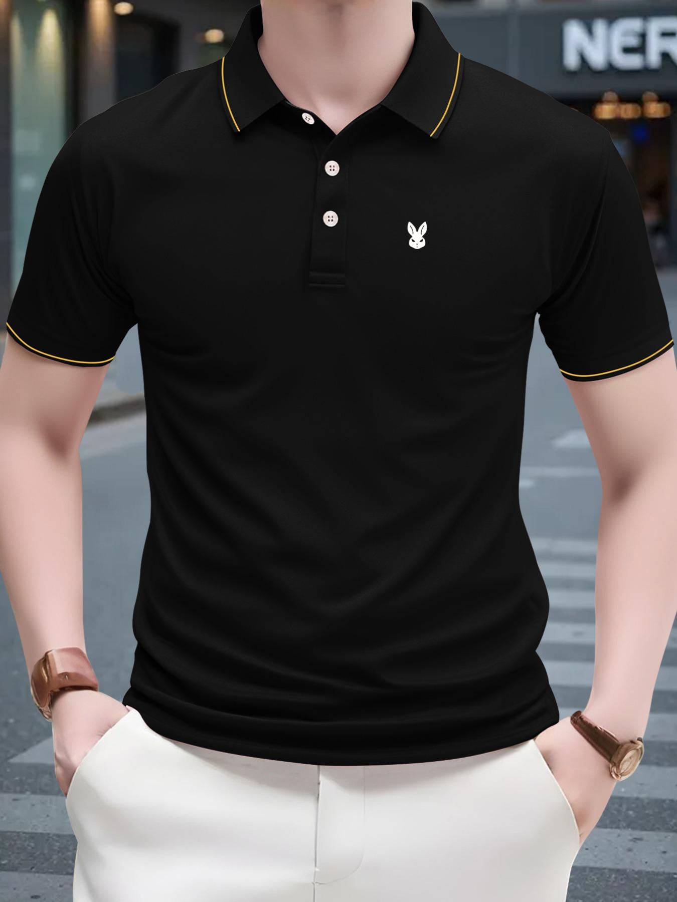 Men's Regular Fit Rabbit Print   Polo Shirt, Casual Short Sleeve Half Button Top for Summer, Fashion Men's Clothes for Daily Wear