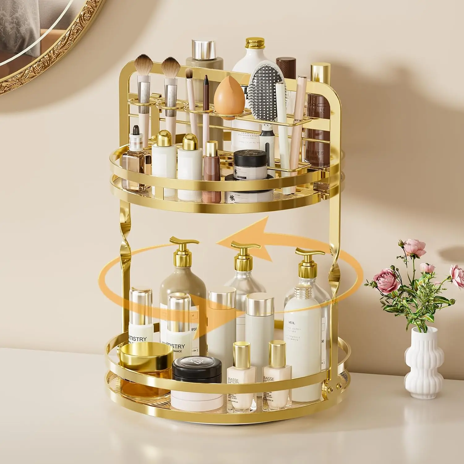 360 Rotating Makeup Organizer,Perfume Organizer, Bathroom Counter Organizer| 2-Tier Large Capacity Gold Vanity Organizer for Dresser,Perfume Shelf with Makeup Brush Holder Stores Skincare and Cosmetics