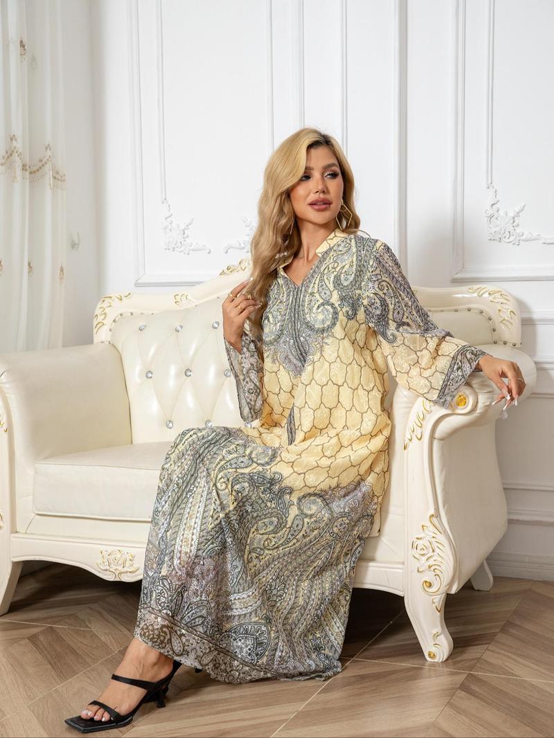 Women's All Over Print Long Sleeve Dress, Elegant Long Dress for Party Holiday Wedding Guest, Ladies Clothes for All Seasons