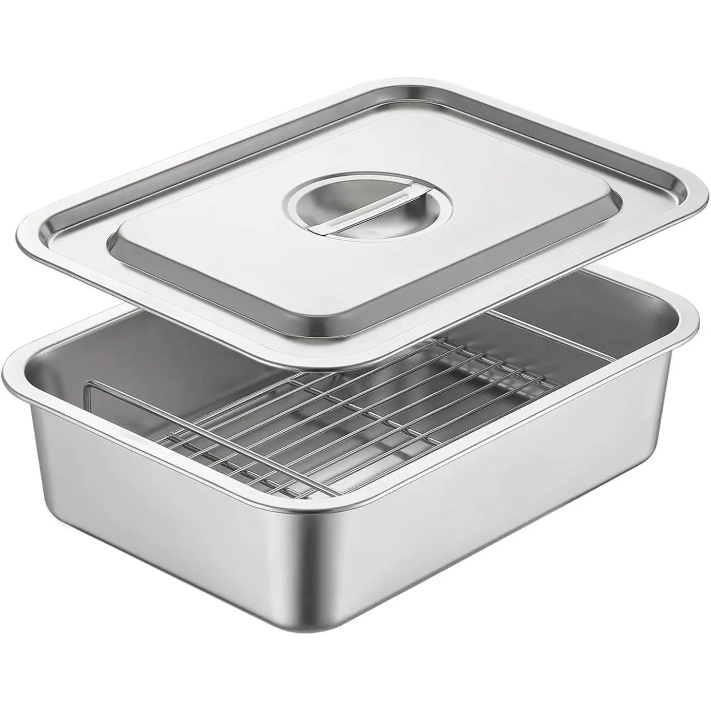 4 inch Deep Roasting Pan Turkey Roaste with Rack and Lid | Stainless Steel 11.5x15.5x4 Inch Rectangular Chicken Roaster Baking Pans Tray for Oven