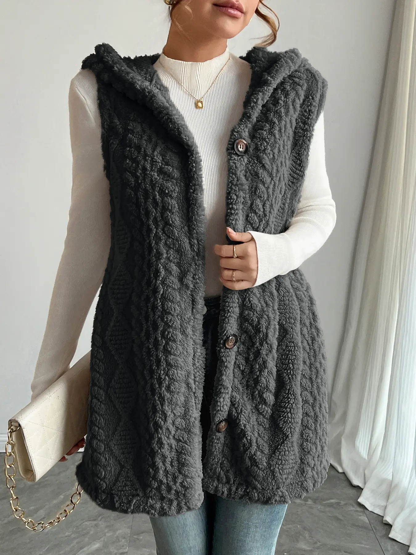 Women's Solid Color Chunky Knit Vest Coat, Casual Sleeveless Button Front Outerwear for Daily Wear, Ladies Clothes for All Seasons Tops