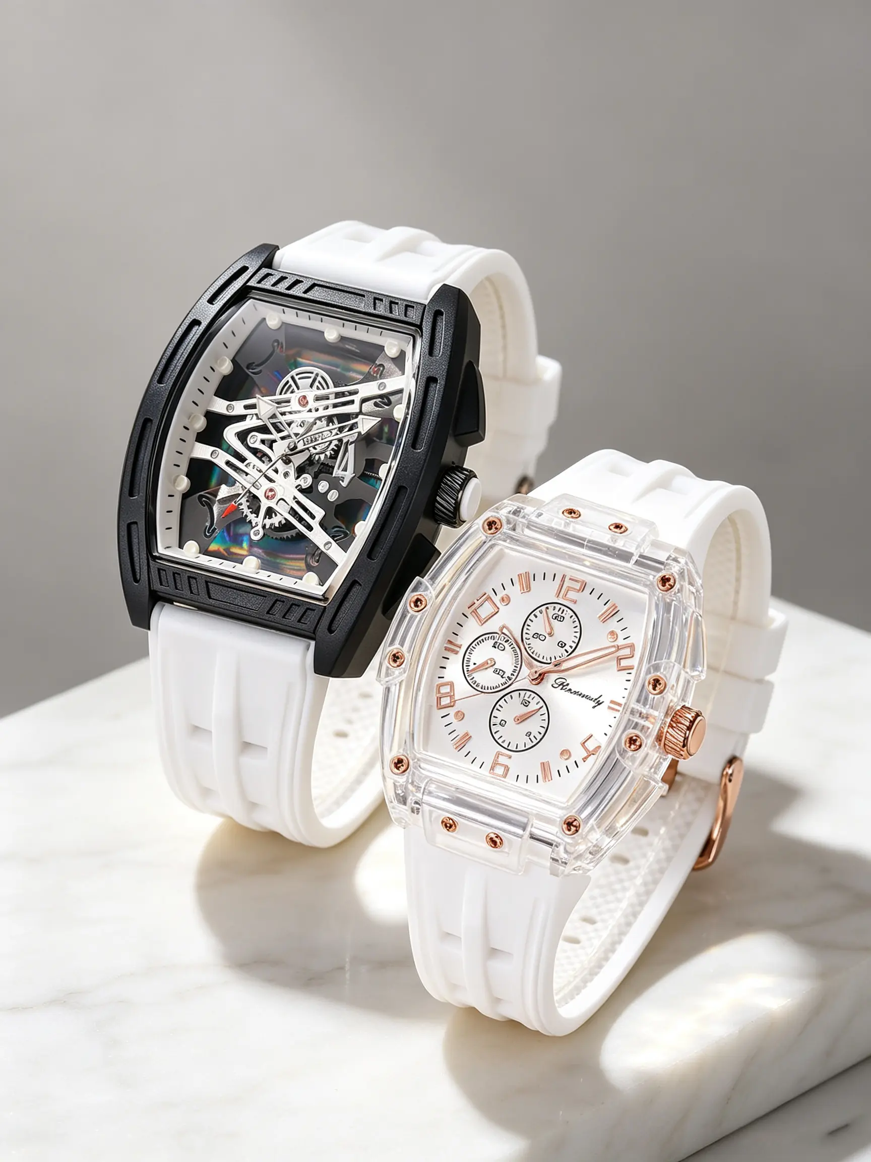 2pcs Fashionable Unisex Watch Set, Transparent Case, Shell, Dual Color Silicone Strap, Analog Quartz Movement, Perfect Gift